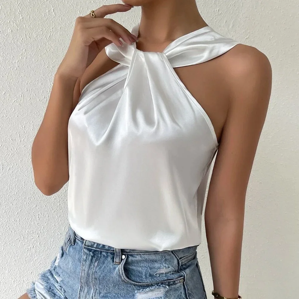 Womens satin Twist Front Top White - Picture 4 of 5